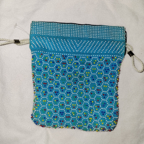 Reversible Drawstring Black or Sky Blue Beaded Pouch Purse Bag 8.5" x 9.5" - Picture 7 of 11